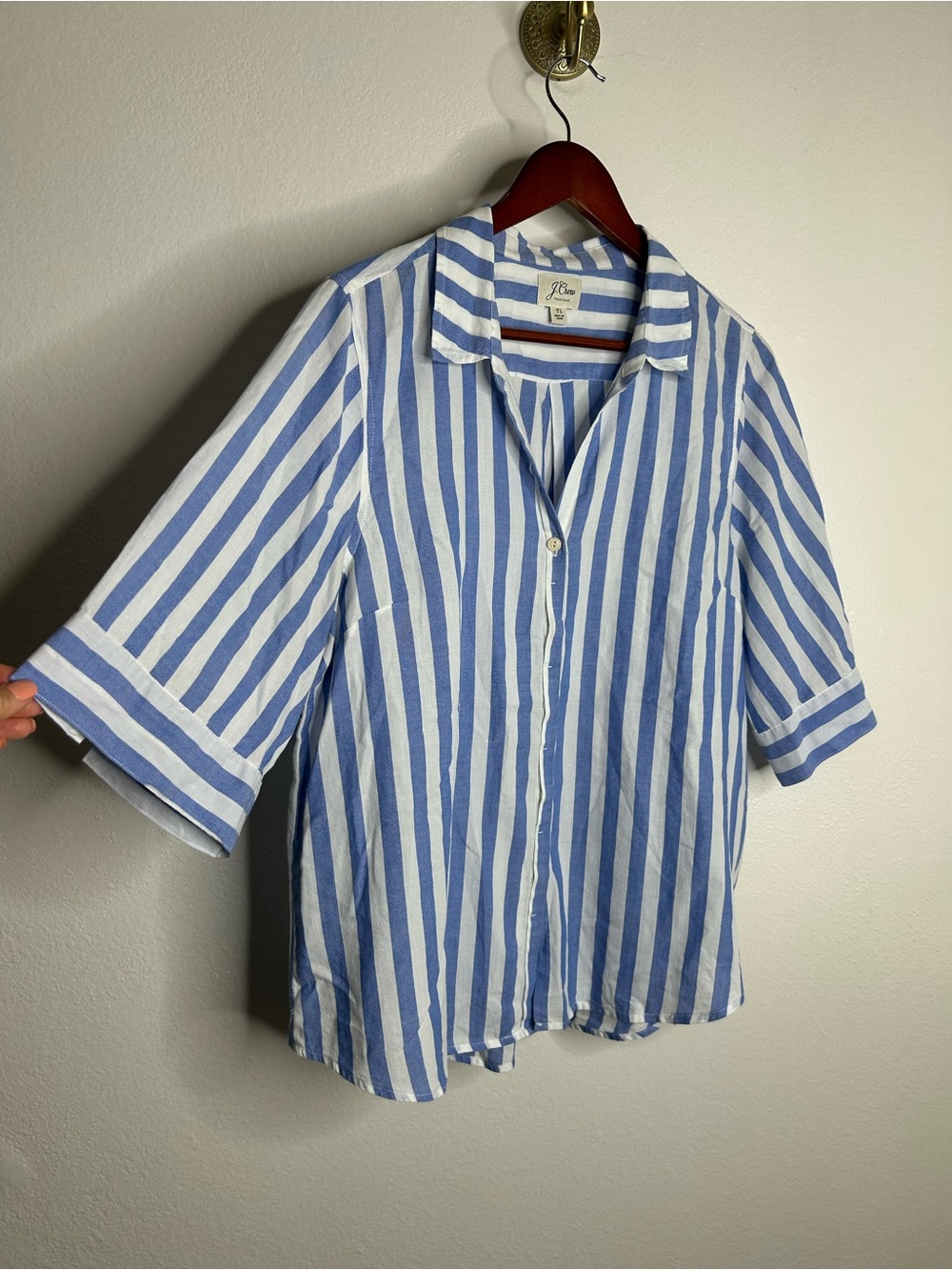 J. Crew 100% Cotton Boxy Fit Button Down Short Sleeve Blue White Striped Blouse